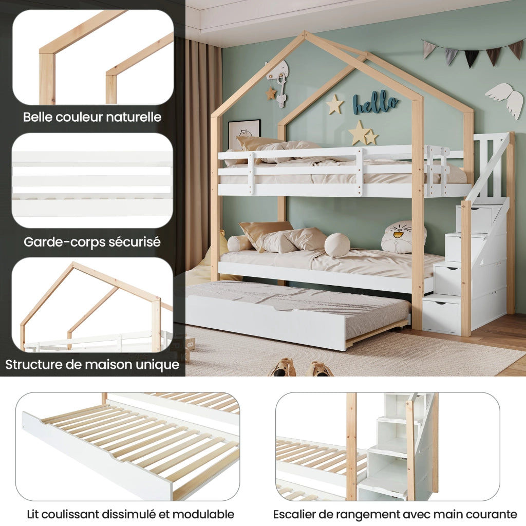 Letto a Castello Estraibile 90x200 cm e 90x190 cm; Letto 3 Posti; con Scala con Cassetti - in Legno e MDF - Bianco Naturale