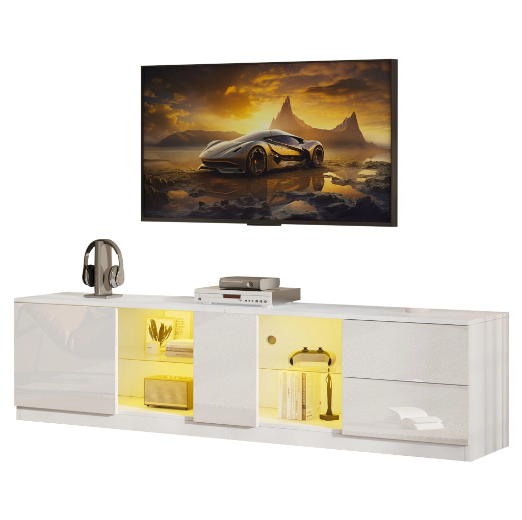 Mobile TV 160x40x52 cm con LED; 2 cassetti e anta; MDF bianco