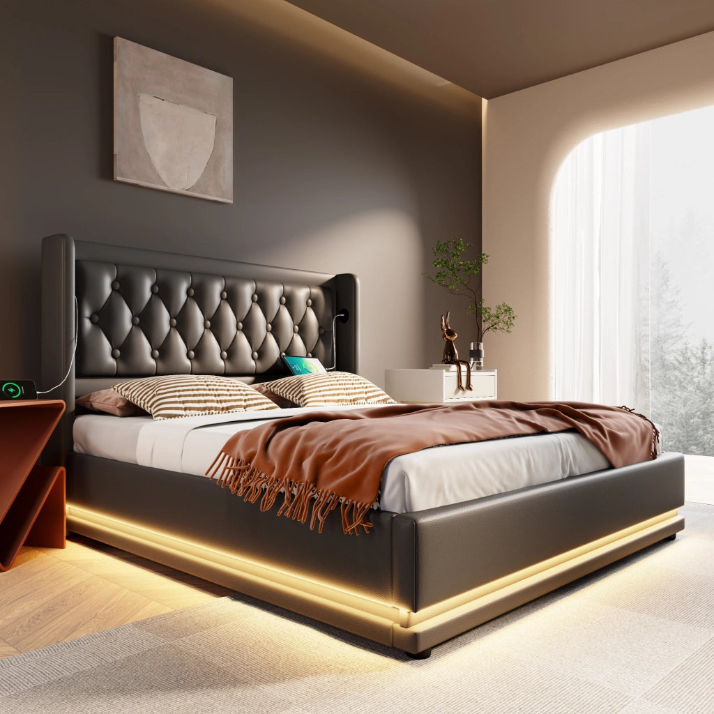 Letto matrimoniale 180x200 cm nero in PU con vano contenitore, LED e ricarica USB/Type-C