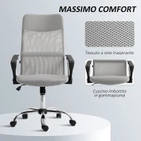 Sedia Ergonomica da Ufficio Girevole, Altezza Regolabile e Schienale a Rete, 63x65x109-119 cm, Grigio Chiaro