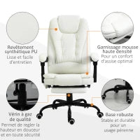 Sedia da Ufficio Massaggiante, Poltrona da Ufficio, Sedia Ergonomica con Altezza Regolabile, Schienale Reclinabile e Telecomando con Cavo, Poggiapiedi Retrattile e Girevole a 360°, Bianco