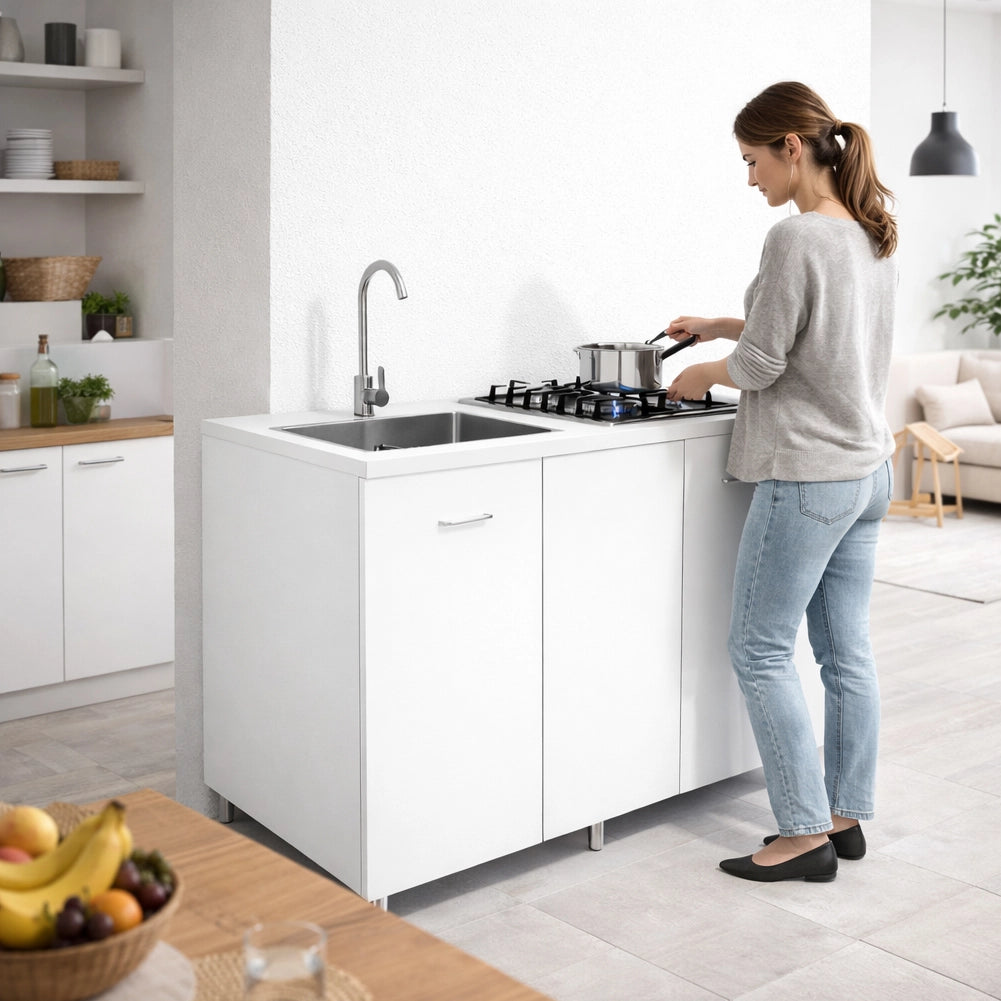 Cucina Completa 120x60 cm Bianco con Piano Cottura 4 Fuochi Lavello Rubinetteria