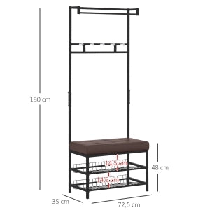 Appendiabiti da ingresso con panca, 5 ganci e 2 ripiani scarpe, struttura in metallo 72,5x35x180 cm