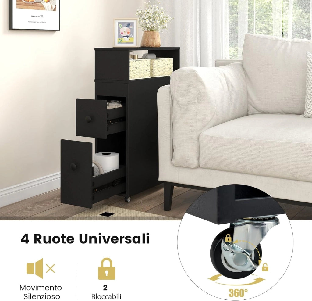 Mobile Bagno 50 x 19 x 72 cm, Arredo Salvaspazio con 2 Cassetti, 2 Cesti in Rattan, Ruote e Ripiani, Armadietto Stretto per Spazi Ridotti, Salotto e Cucina (Nero)
