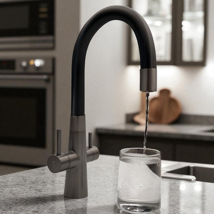 Rubinetto cucina con attacco filtro acqua, bocca flessibile a U e doppia leva – acciaio e nero