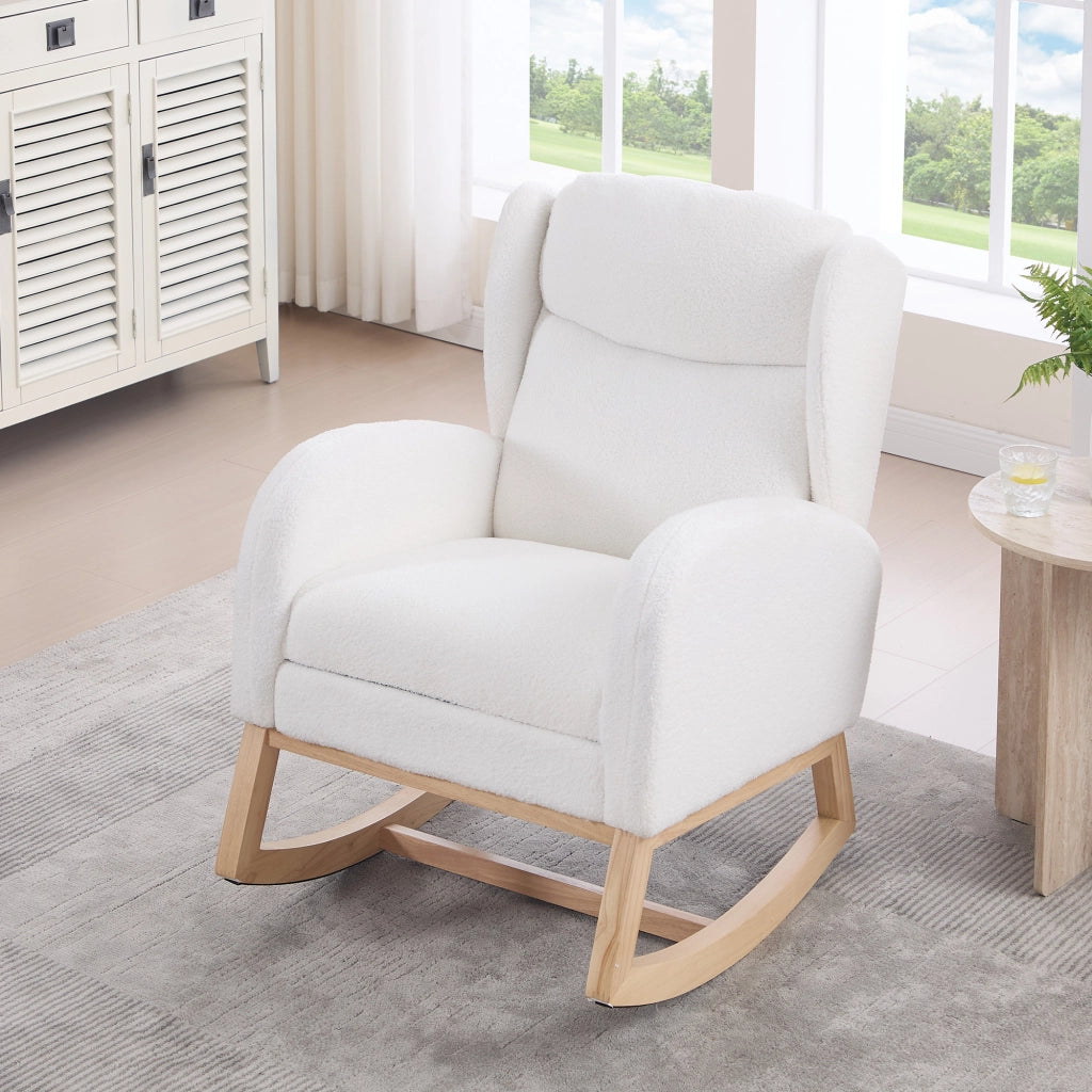 Poltrona a Dondolo con Poggiapiedi ¨C MINIMAL ¨C Tessuto Teddy, Schienale Alto, Bianco