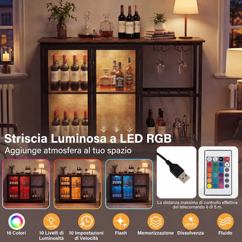 Mobiletto Bar per Vino con Prese di Corrente e Luci LED, Mobile Bar da Terra per Caffè con Portabottiglie e Portabicchieri, Credenza Buffet per Liquori per Cucina, Sala da Pranzo e Soggiorno