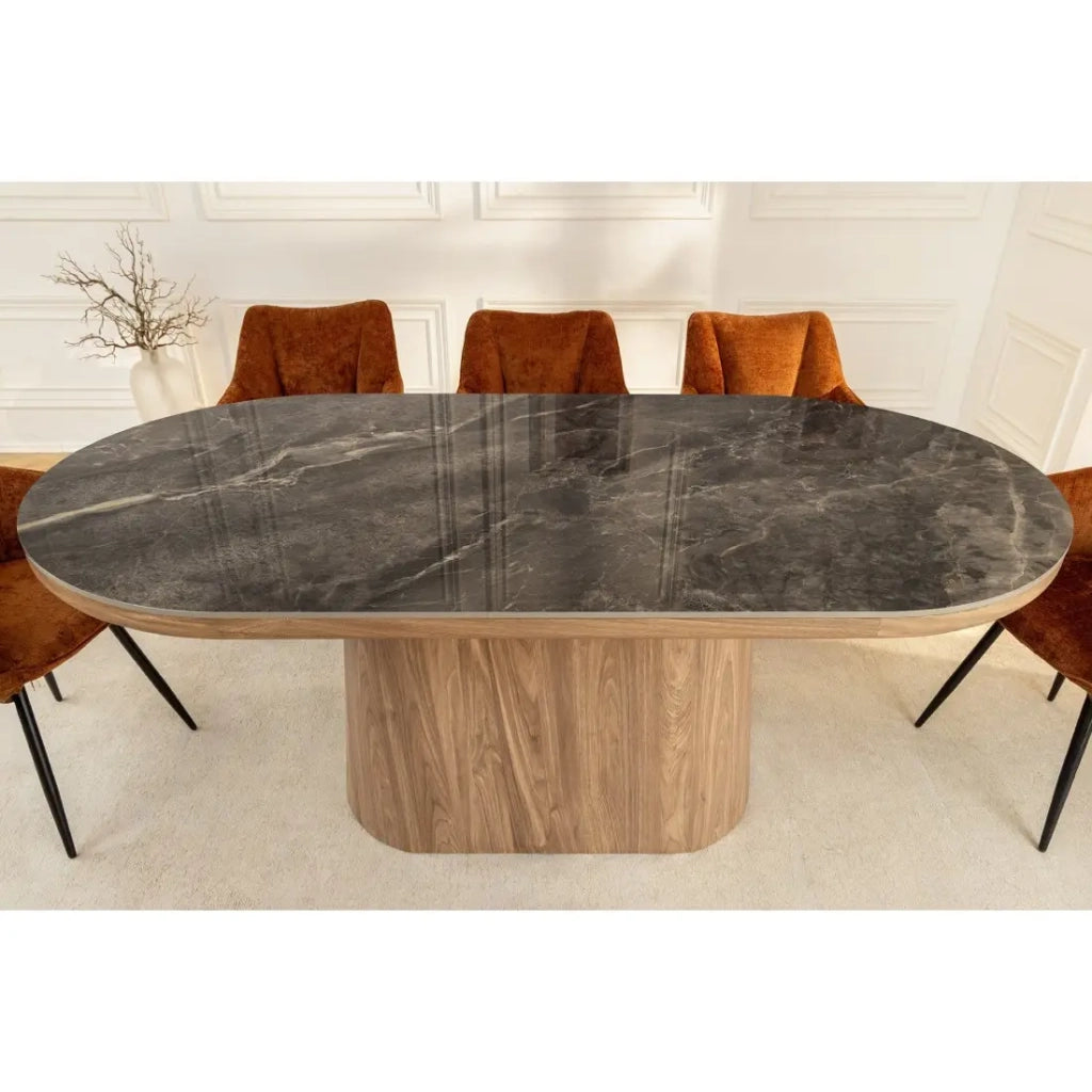 Tavolo da pranzo LUMEA – Ovale 200 cm – Effetto marmo grigio – Piede largo – Stile contemporaneo