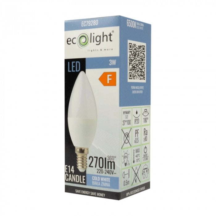 Lampadina LED E14 candela 3W 270lm 6500K Ecolight