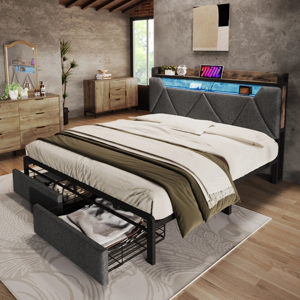LETTO Matrimoniale 140x200 cm in lino grigio con testiera contenitore, cassetti e LED