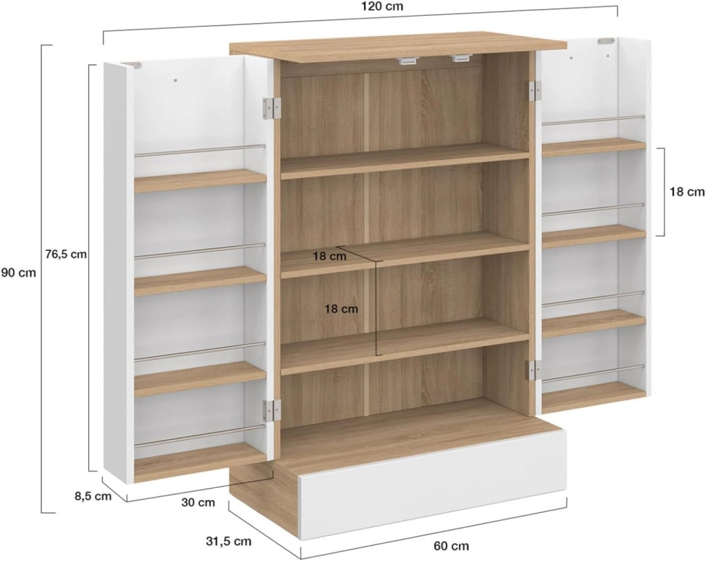 Cassettiera bassa da cucina ALTO H.90 cm con contenitori bianchi e in legno