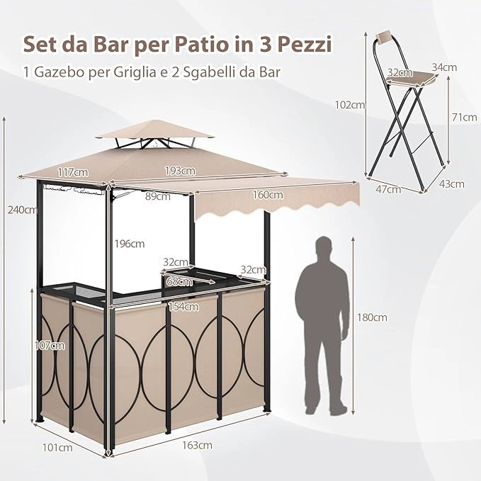 Gazebo per Barbecue, Pergola per BBQ con Tavolo Bar e 2 Sgabelli Bar Pieghevoli, Ripiani di Stoccaggio in Metallo, per Giardino e Cortile, 193 x 117 x 240 cm (Marrone)