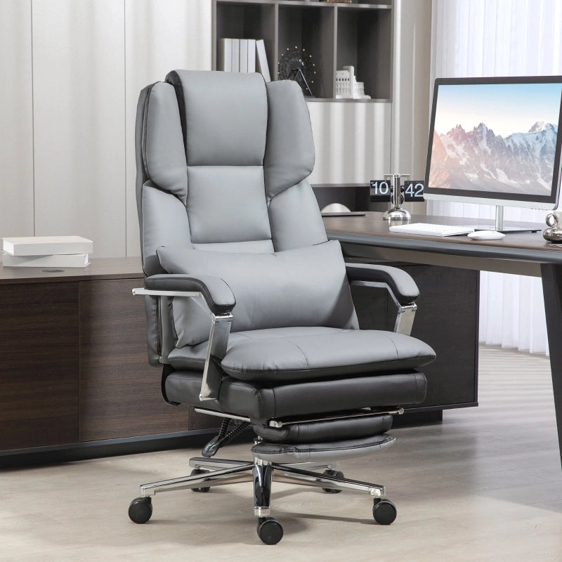 Sedia da ufficio ergonomica con schienale reclinabile e poggiapiedi estensibile, altezza regolabile in similpelle grigia
