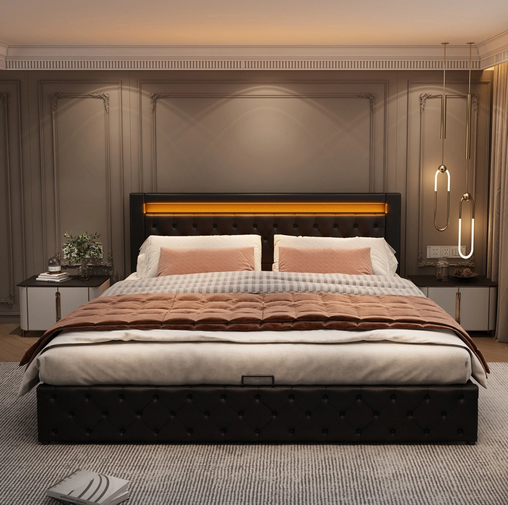 Letto imbottito 160x200 cm con rete, contenitore e LED, nero