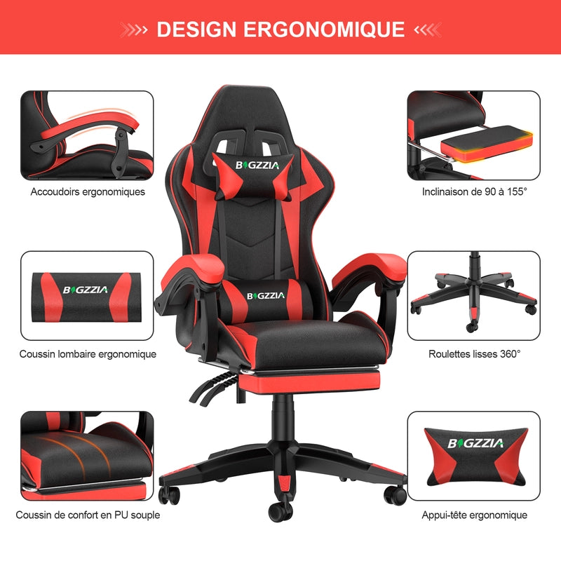 Sedia da gioco, sedia da gioco ergonomica  in similpelle,altezza regolabile, con poggiatesta e supporto lombare, poggiapiedi, nero e rosso