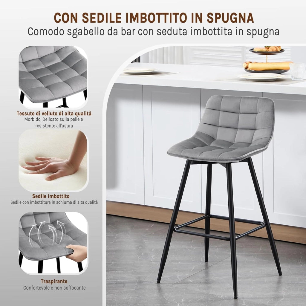 Set di 6 Sgabelli da Bar Moderni Sedia da Cucina con Schienale Poggiapiedi Rivestimento in Velluto Grigio Chiaro, Gambe in Metallo BH143hgr-6