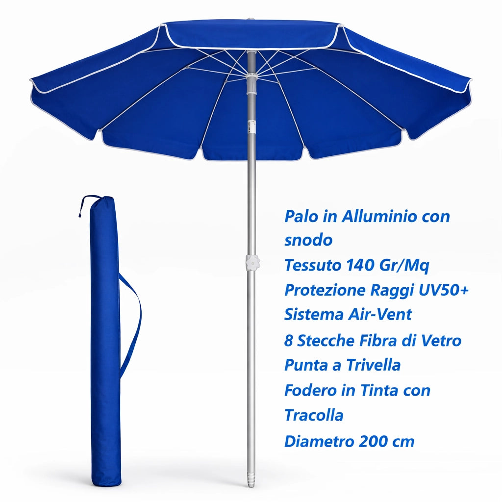 Ombrellone Mare Spiaggia 200 cm Antivento Alluminio UV50+ Inclinabile con Custodia e Trivella