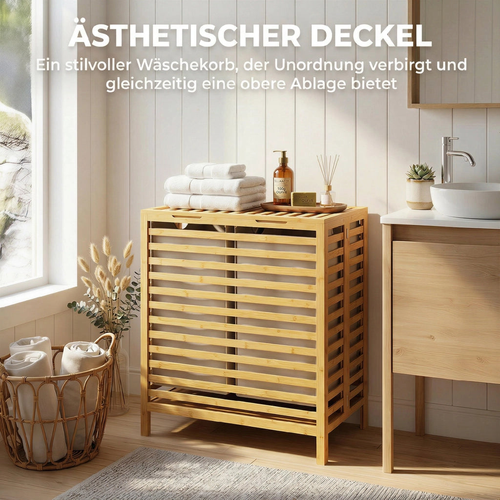 Cestino bucato in bamb¨´ con coperchio, 2 cestini, pieghevole, 64L ¨C zephmum ¨C Naturale e crema bianco