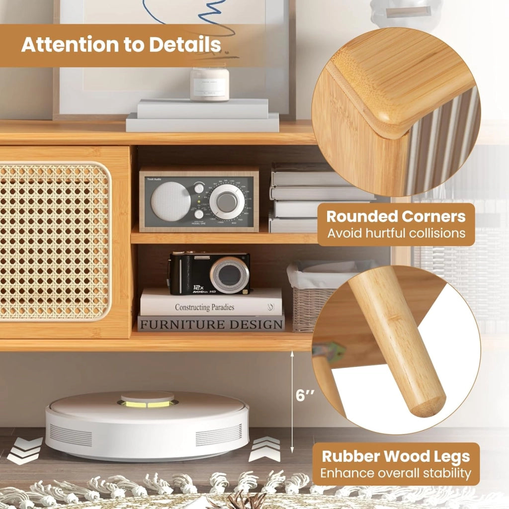 Mobile TV da 120 cm con 2 Ripiani，Supporto TV in Bambù, con Porte Scorrevoli in Rattan e Vetro Temperato,120,5x31x45,5 cm