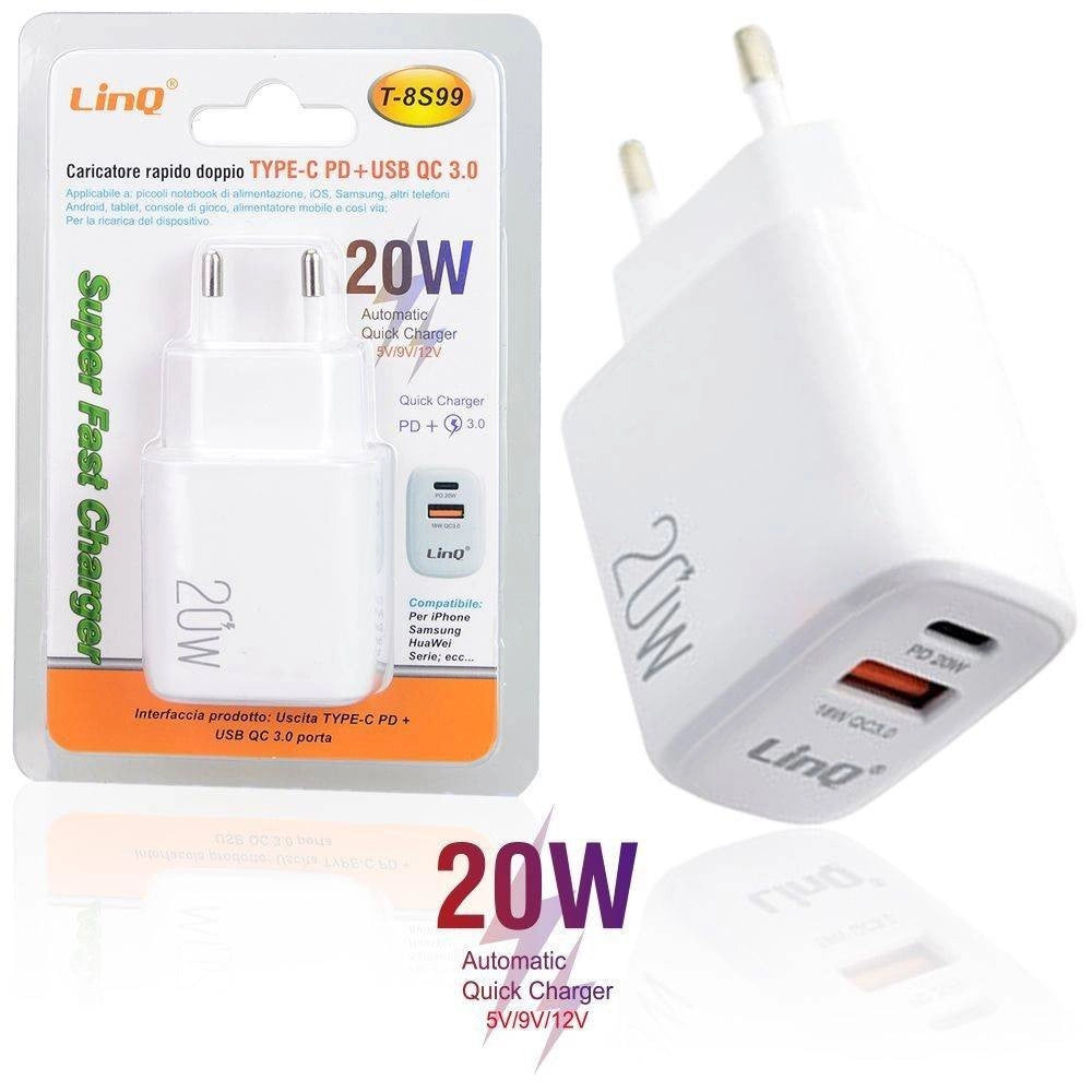 Trade Shop - Caricatore Rapido Doppio Type C Pd + Usb Qc 3.0 Super Fast Charger 20w T-8s99 -