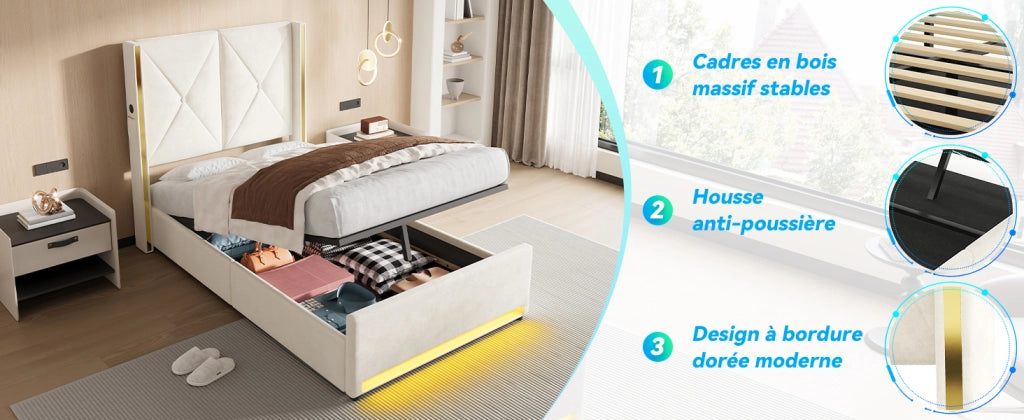 Letto Contenitore Imbottito con LED, USB e Sistema Idraulico ¨C MINIMAL ¨C Velluto, 90x200
