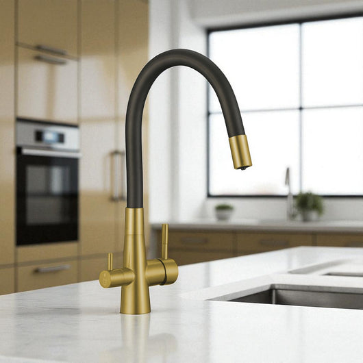 Rubinetto cucina oro spazzolato e nero con attacco filtro acqua e beccuccio flessibile a U