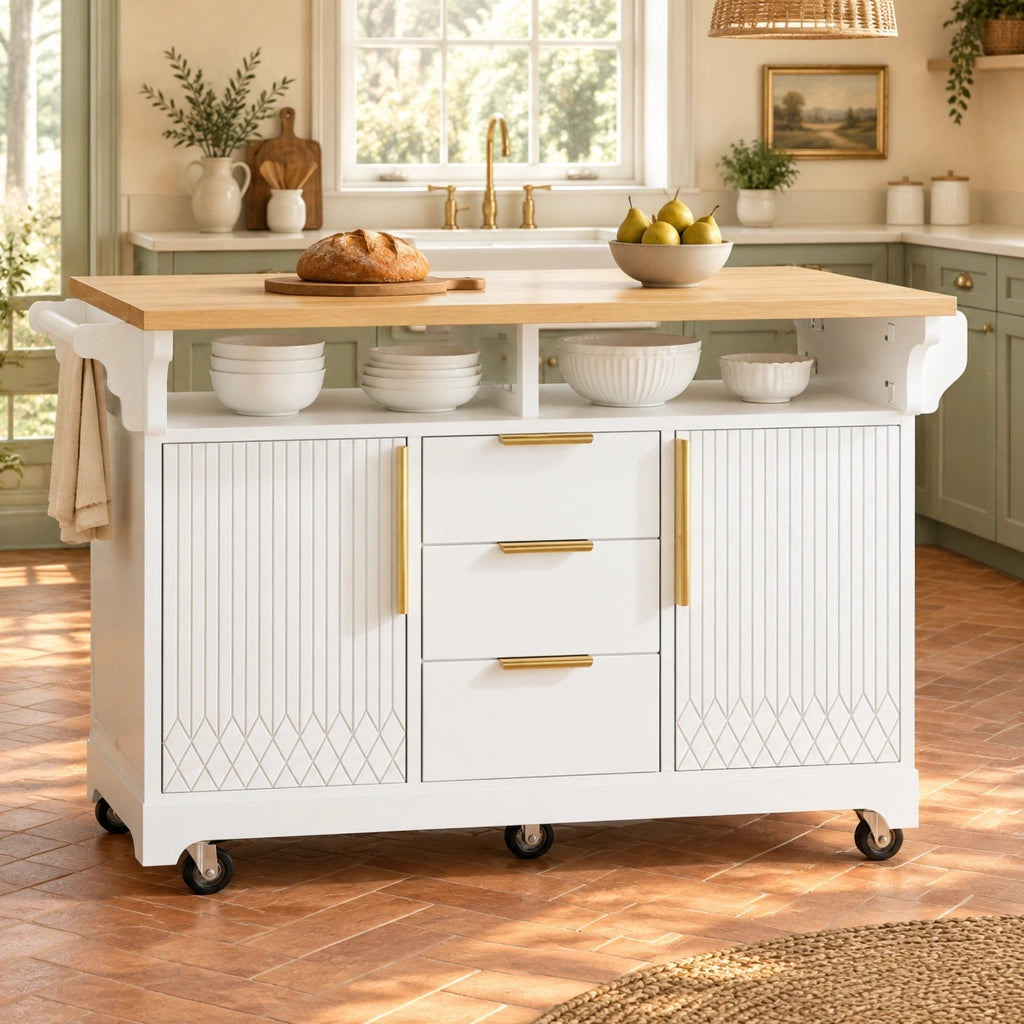 Isola da cucina su ruote con piani ribaltabili; 3 cassetti; MDF bianco; 120-197 x 95 cm