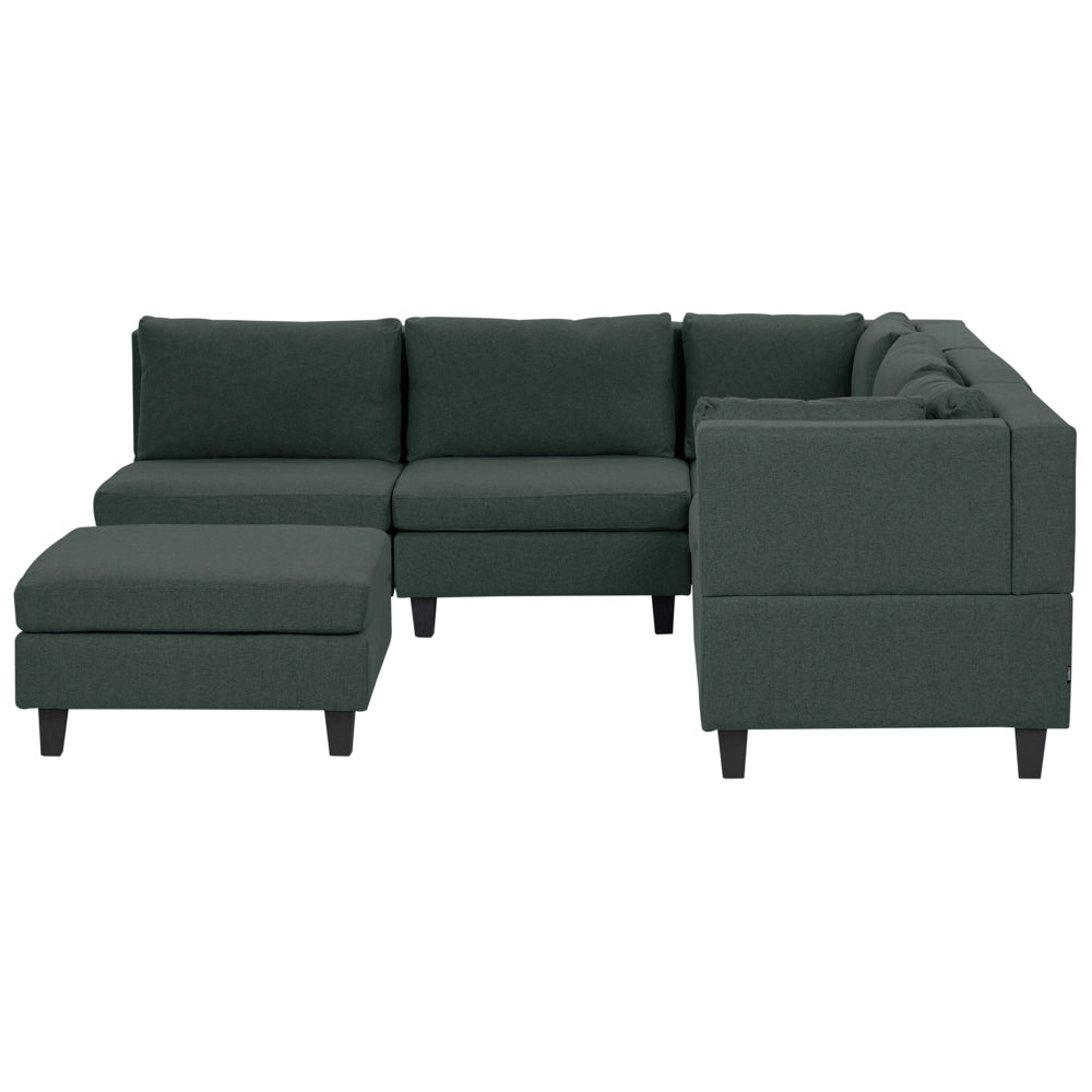 Divano componibile a 5 posti imbottito lato sinistro in tessuto verde scuro con gambe nere e pouf stile moderno