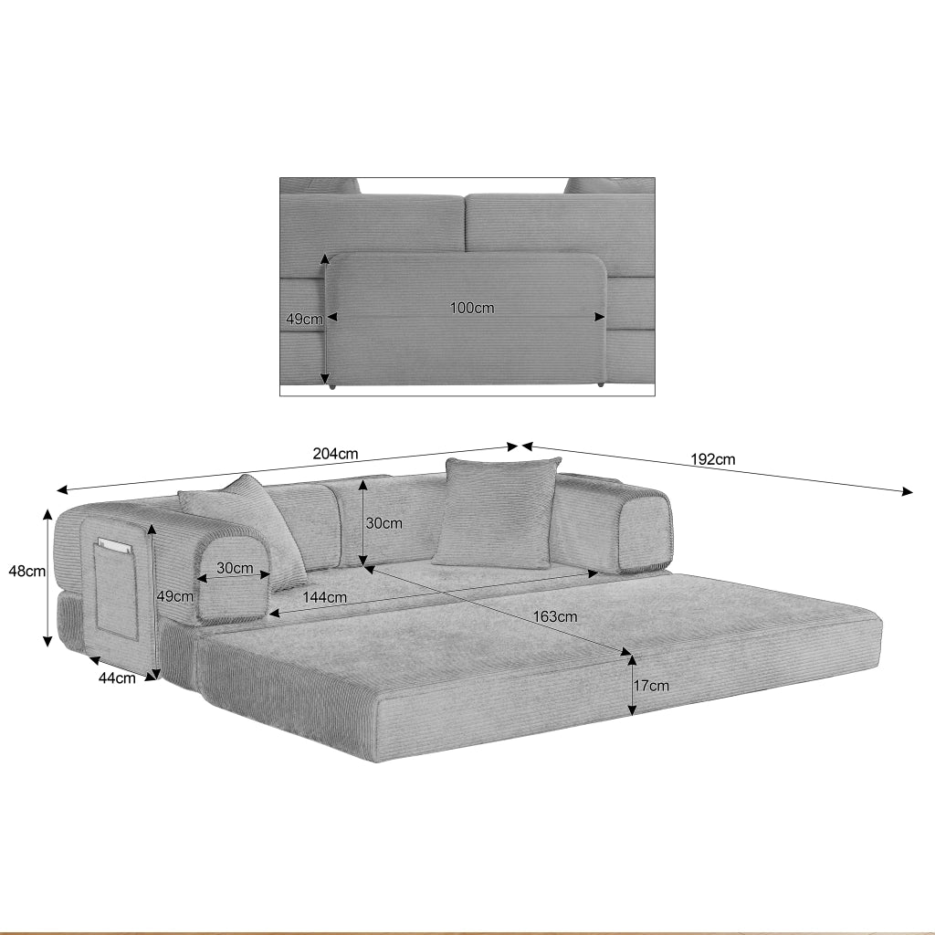 Divano letto pieghevole 2 posti con funzione letto e 2 cuscini per soggiorno in velluto a coste beige
