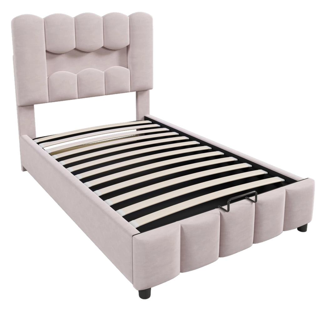 Letto imbottito 90x200 cm in velluto rosa con contenitore; LED multicolore e testiera regolabile