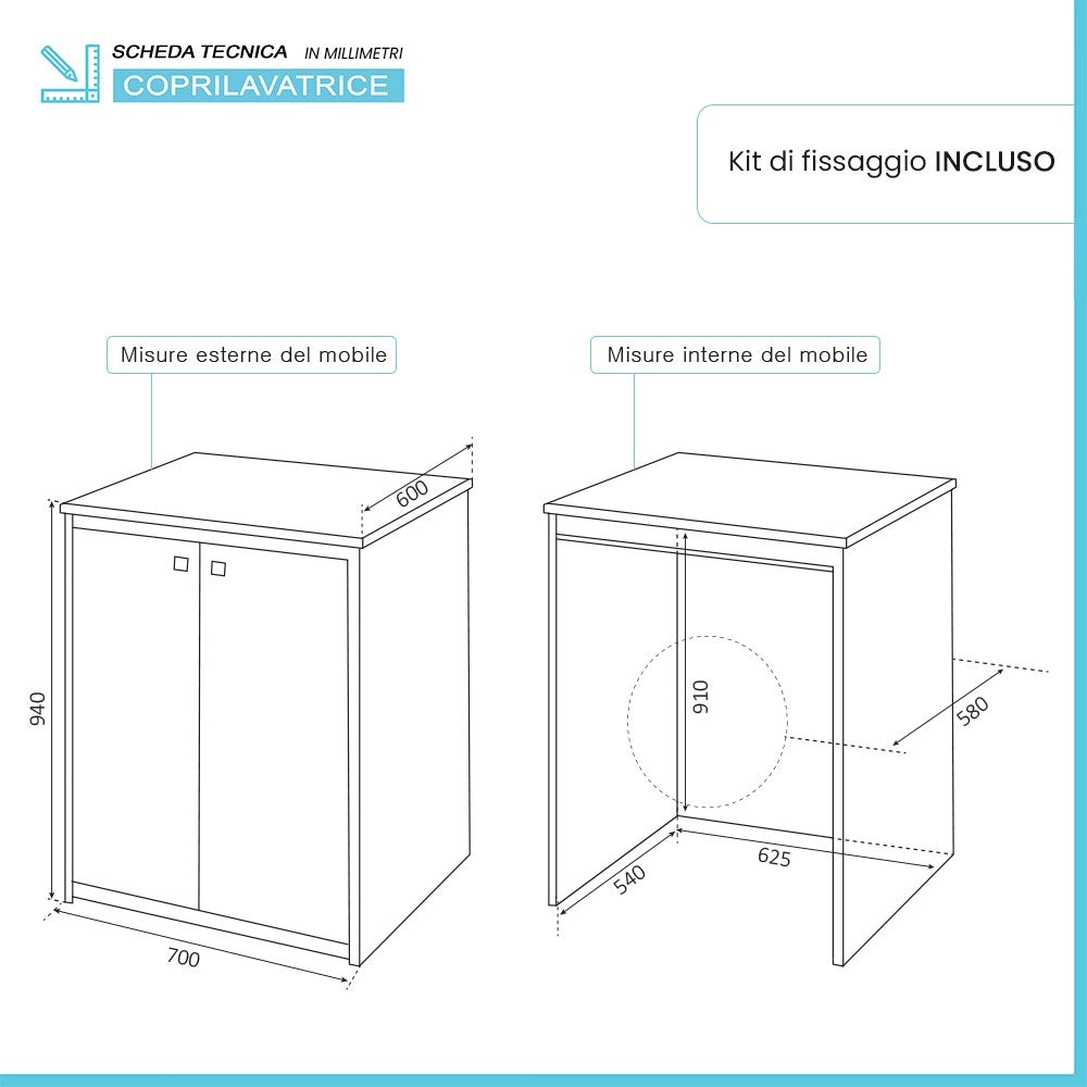 Mobile copri lavatrice 70x60 da esterno in PVC con fissaggio incluso