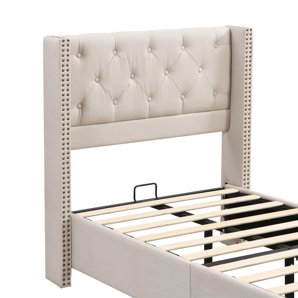 Letto imbottito 90x200 cm con rete a doghe, rivestimento in lino, testiera capitonné, beige