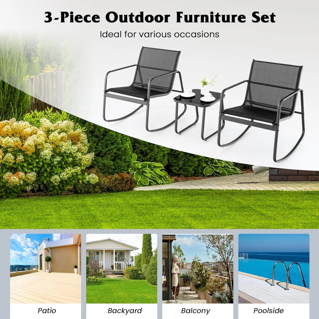 Set da Giardino per 2 Sedie a Dondolo con Tavolino in Vetro, Tessuto Traspirante e Gambe Regolabili, Ideale per Balcone, 3 Colori (Nero)