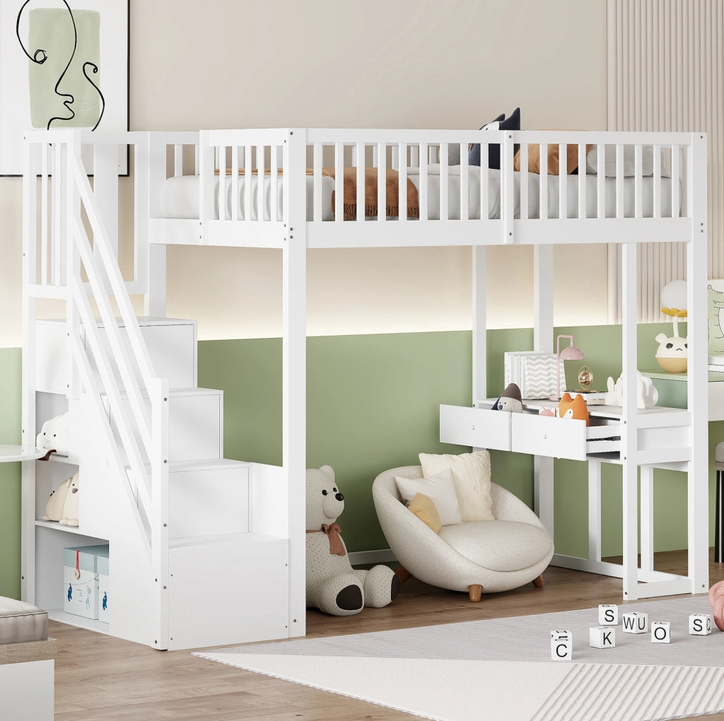 Letto a soppalco 90x200 cm con tavolo multifunzione e scala contenitore; in legno bianco
