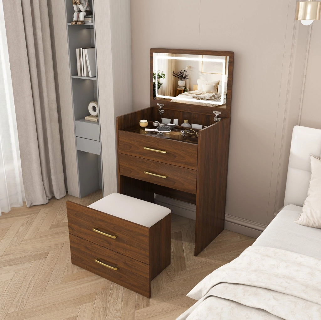 Tavolo da trucco 3 in 1 con specchio apribile; piano in vetro; 60x40x118 cm; colore noce