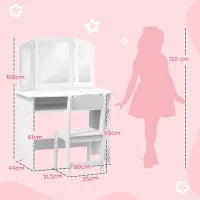Set da Trucco per Bambini con Tavolo Toeletta con Specchio Triplo Rimovibile e Sedia in Legno Bianco