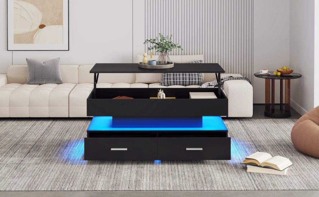 TAVOLINO da caffè 100x50x44 cm regolabile idraulico con LED Nero in truciolare