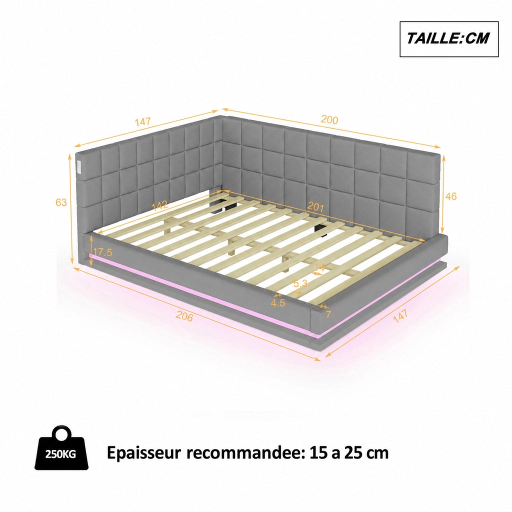 DESMIU Divano letto 140 × 200 cm 2 posti con LED, USB e rete, senza materasso, in lino, grigio