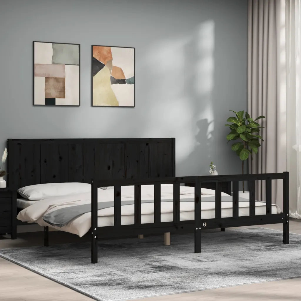 Letto matrimoniale | Letto per adulti | Giroletto con Testiera Nero 200x200 cm in Legno Massello