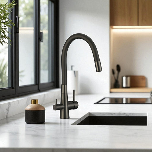 Rubinetto Cucina con Filtro Acqua | Antrarice Spazzolato, Doppia Leva, Canna Flessibile e Design Moderno