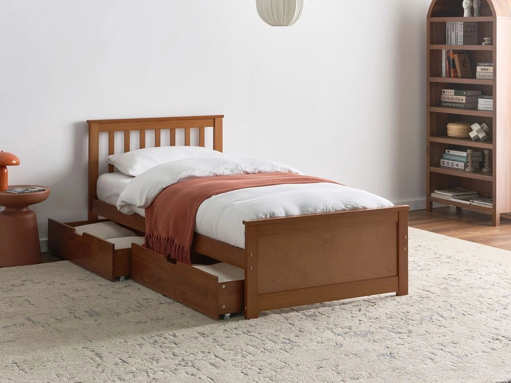 Letto singolo in legno di pino e MDF con contenitore e 2 cassetti 90 x 200 cm Testiera a doghe minimalista