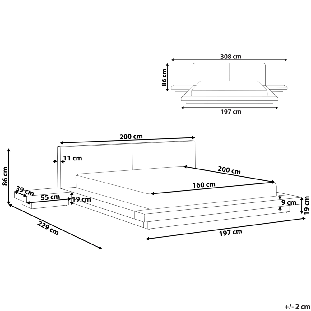 Letto matrimoniale LED con comodini e testata bouclé tortora in frassino 160 x 200 cm stile giapponese