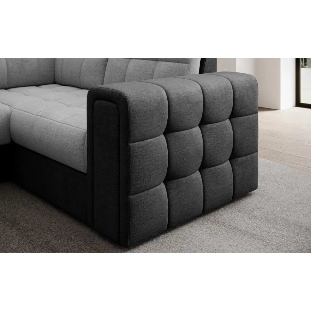 Divano angolare trasformabile MONTEZA grigio e nero sinistro 299 cm con contenitore e letto