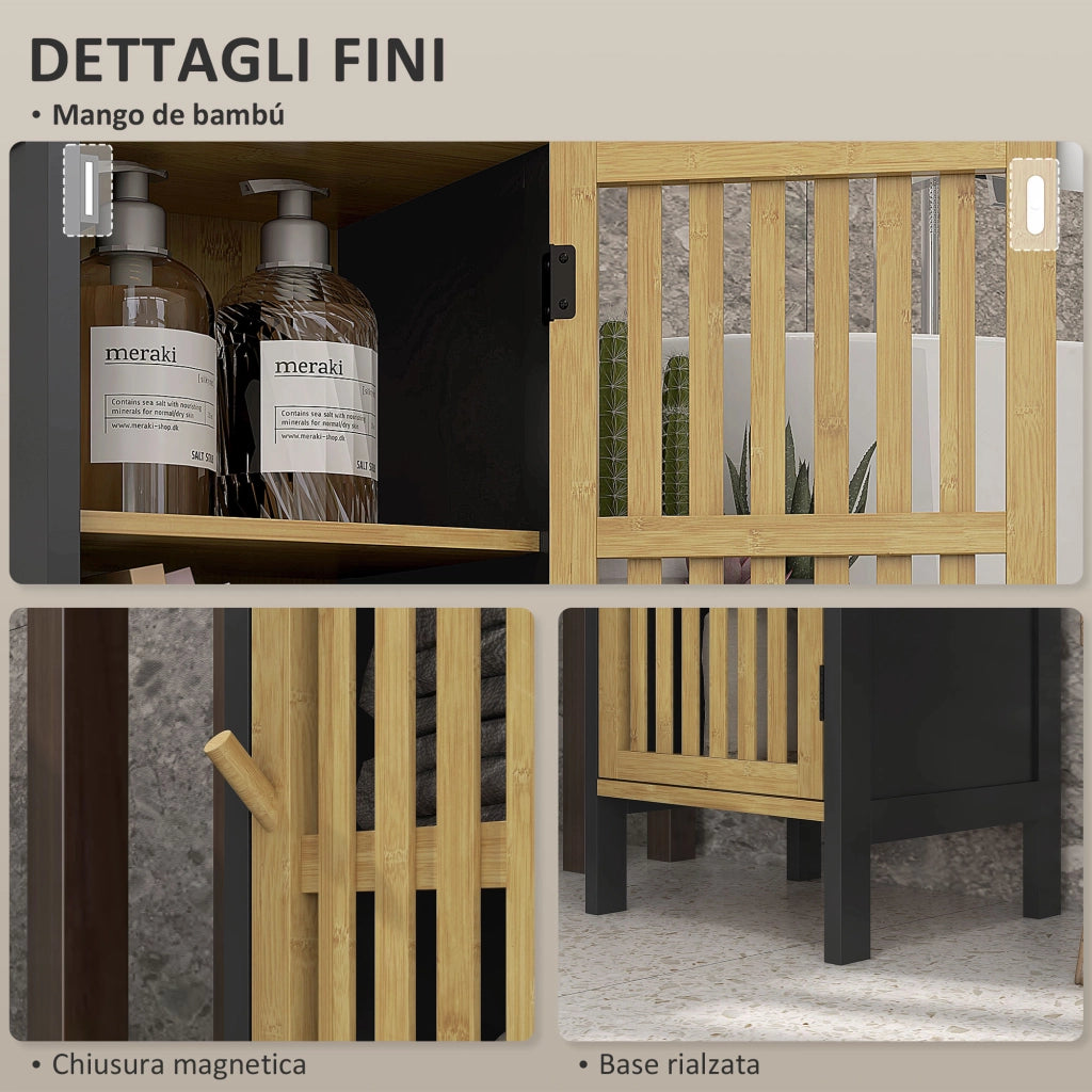 Mobiletto Bagno con Ripiano Aperto e Armadietto, in MDF e Bamb¨´, 32x30x90.5 cm, Nero e color Legno