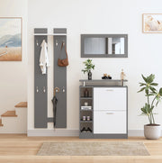 Set guardaroba da ingresso con scarpiera 80x25x96;5 cm; specchio e 8 ganci; grigio e bianco