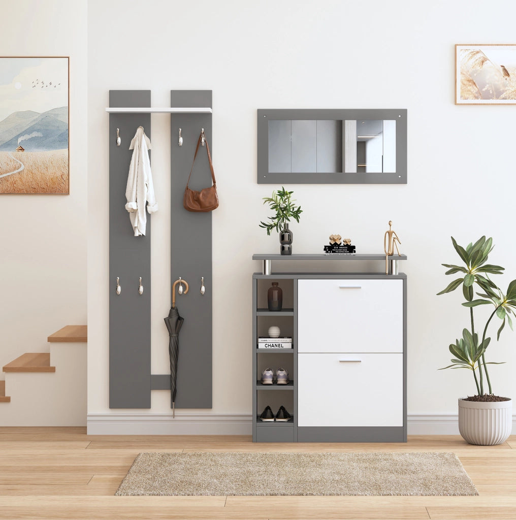 Set guardaroba da ingresso con scarpiera 80x25x96;5 cm; specchio e 8 ganci; grigio e bianco
