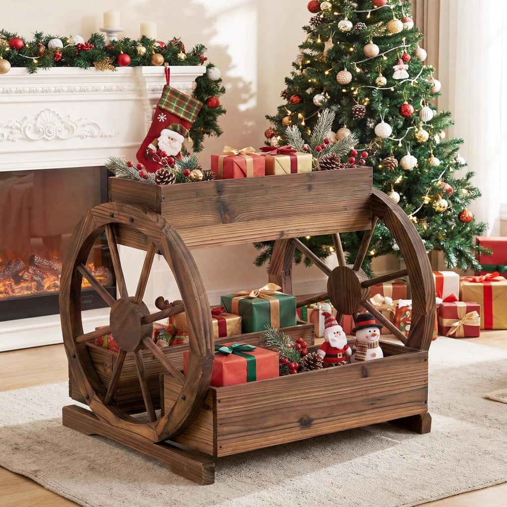 Fioriera a Carro in Legno, Letto da Giardino Rialzato a 2 Livelli con 3 Scatole, Fori di Drenaggio e Ruote, Carrello Decorativo per Fiori da Interno ed Esterno per Patio e Balcone