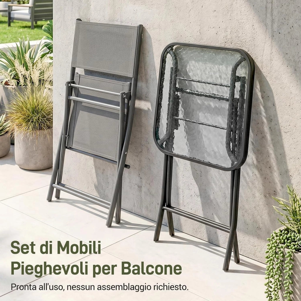 Set da Bistrot 3 Pezzi, Set Mobili Pieghevoli Include 1 Tavolo e 2 Sedie, Resistente alle Intemperie e Traspirante, per Piccoli Balconi e Giardini, Grigio