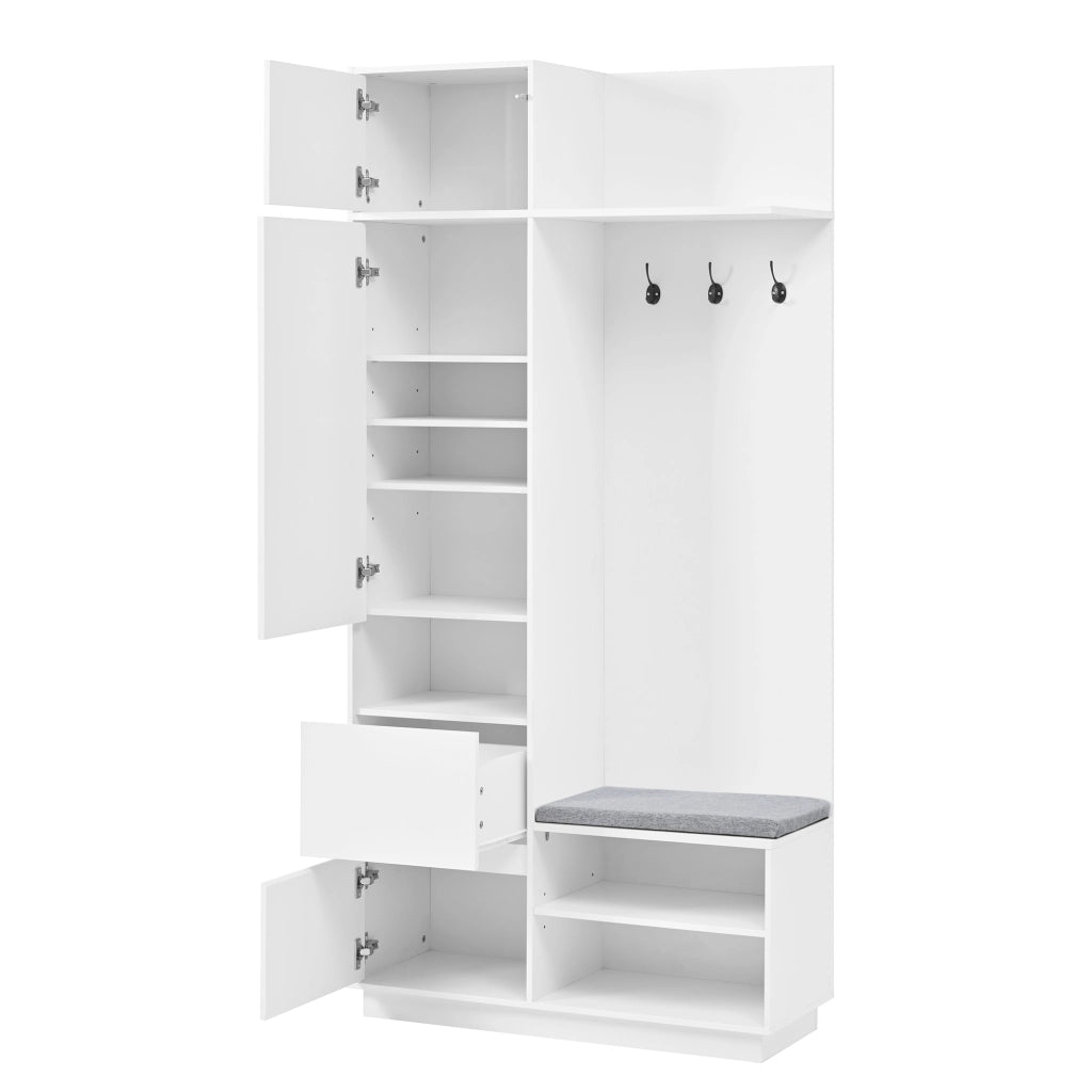 Mobile Ingresso con Specchio e Panca; Scarpiera con Ganci; Cassetti e Ripiani; Stile Moderno; in MDF; Bianco; 90??34;5??190 cm