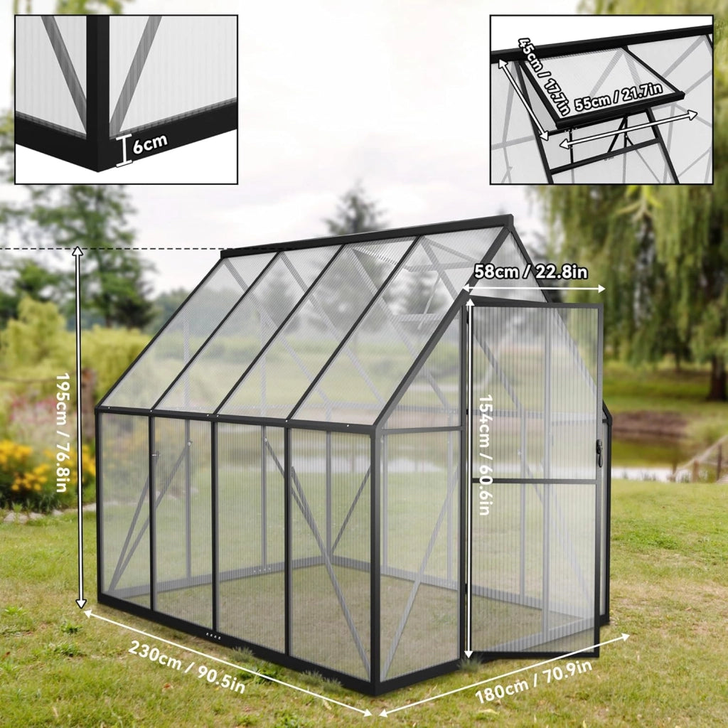 Serra da giardino in alluminio, con base da 6 cm e piastra in policarbonato da 4 mm, per pomodori, da giardino, resistente ai raggi UV, resistente alle intemperie, per il giardino, 230 x 180 x